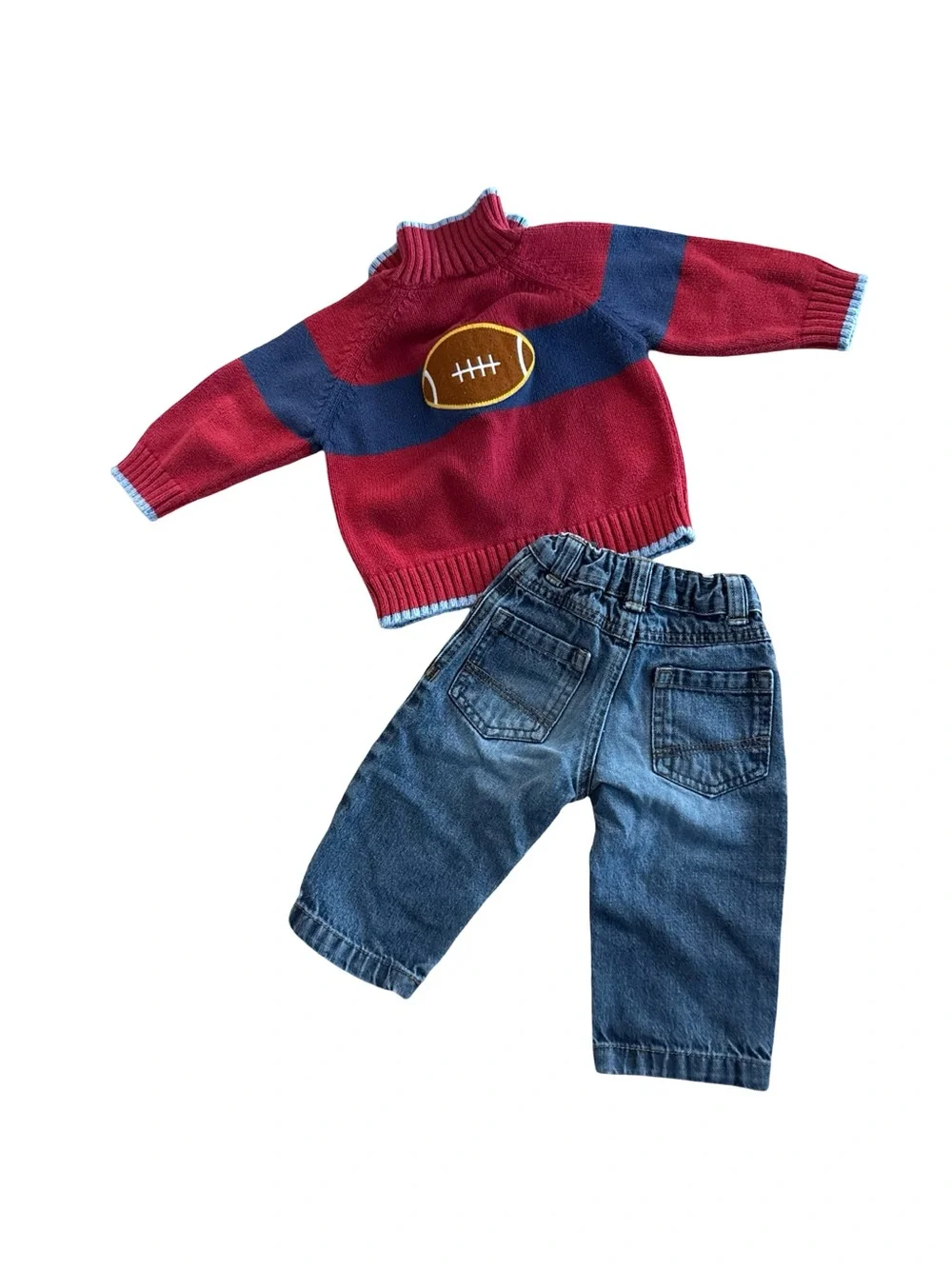 Boys 2 piece preppy Denim Jean set with Football Aplique on Sweater 6-12 Months